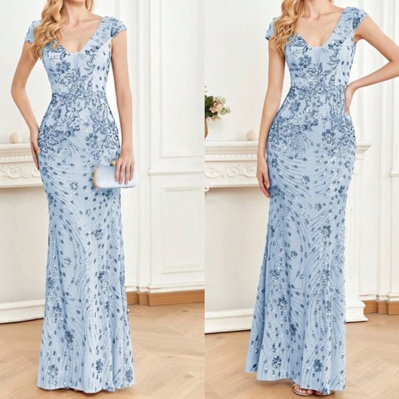 Luxe V neck sequin formal evening party dress - Picture 1 of 7